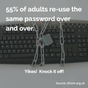 Keyboard with padlock and chains highlighting risk of password reuse in client cybersecurity