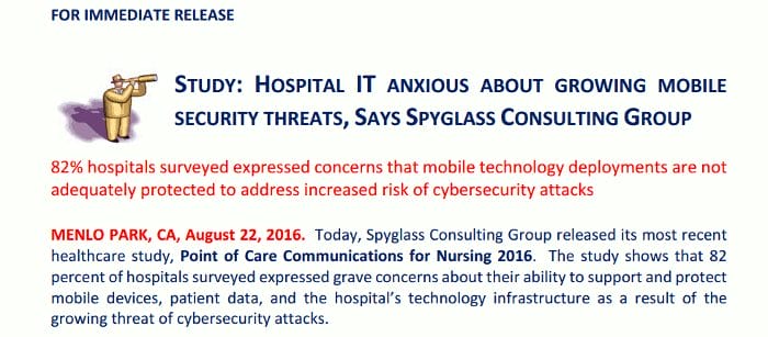 Press‑release excerpt stating that 82% of hospitals surveyed voiced concern over mobile technology security risks