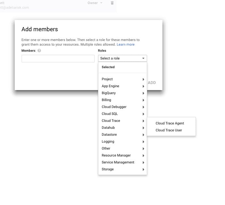 Google Cloud IAM add members role selection screen for HIPAA compliant access control