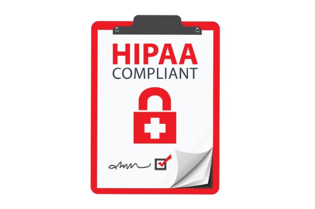 Clipboard labeled “HIPAA Compliant” with medical lock icon—symbolizing secured Google Meet setup for HIPAA compliance