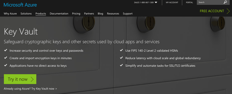 Screenshot of Microsoft Azure Key Vault service page for managing encryption keys