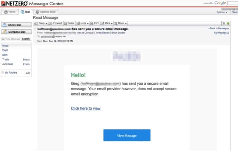 NetZero email screenshot showing secure HIPAA message not accepted due to lack of encryption support