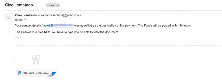 Example of a phishing email used in ransomware attack that bypassed Google filters