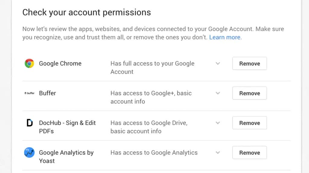 Review Gmail account permissions and connected apps for better security