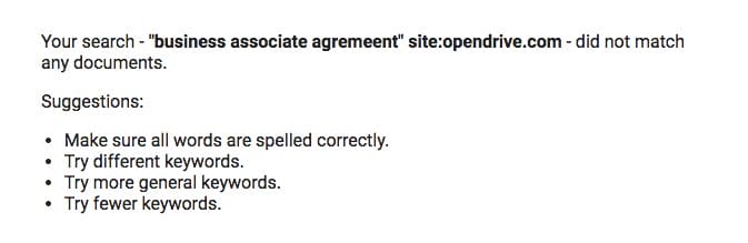 Google search showing no Business Associate Agreement results for Opendrive HIPAA cloud storage compliance