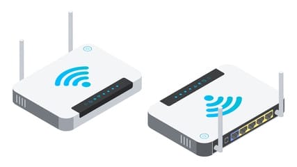 Two wireless routers shown from different angles with Wi-Fi symbols on top, symbolizing proper router setup and placement as part of securing home Wi-Fi environments.