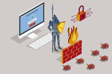 Isometric illustration of a knight with a shield standing by a firewall and a computer login screen, blocking bugs—representing Wi-Fi security measures like strong authentication, firewall protection, and malware defense.