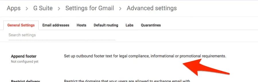 Gmail advanced settings showing how to add HIPAA compliance outbound footer disclaimer.