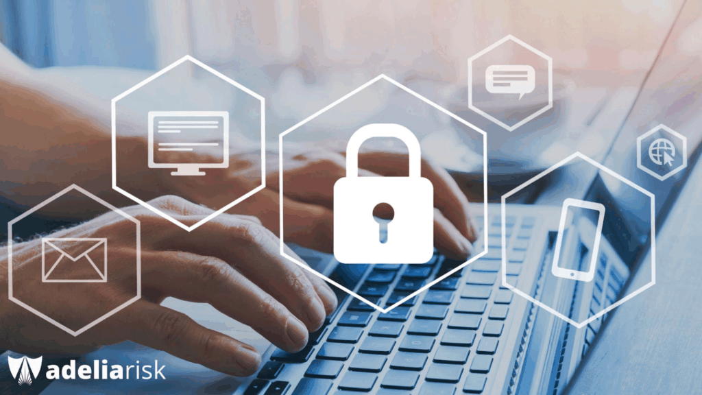 Hands typing on laptop with cybersecurity lock and device icons representing HIPAA compliant Google Meet security