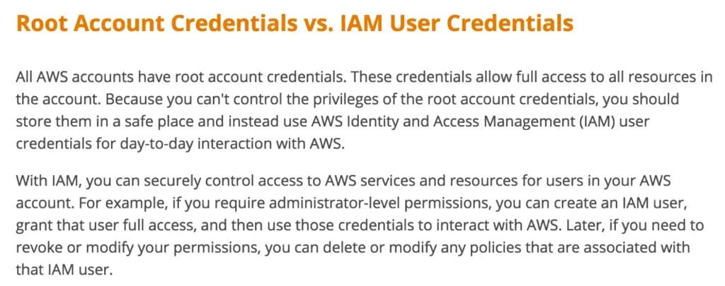 AWS security best practices using IAM user credentials instead of root account access