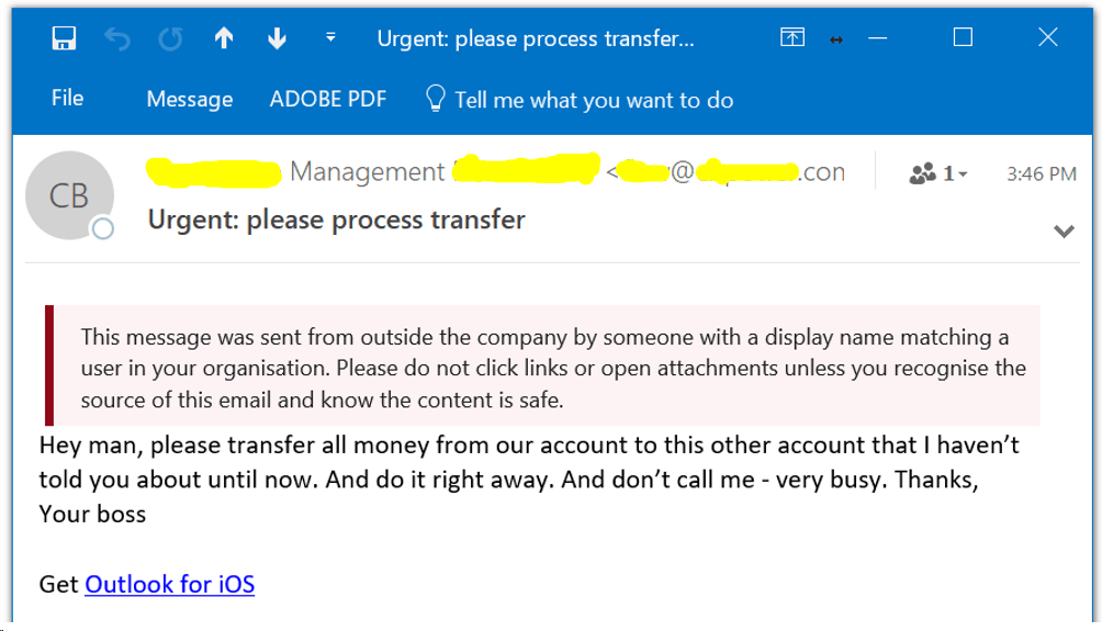 Example of phishing email attempting wire fraud with urgent transfer request