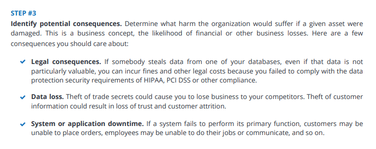 Cybersecurity risk assessment step 3 identifying legal consequences data loss and system downtime