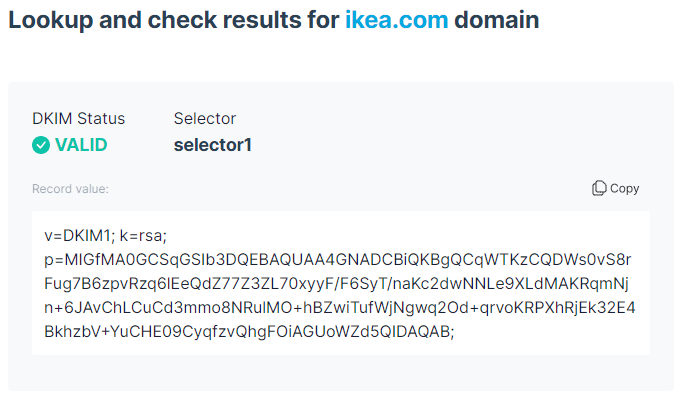 Valid DKIM record lookup confirming domain authentication for ikea.com