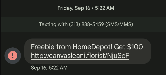 Fake Home Depot freebie smishing text message scam with malicious link
