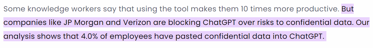 Study shows 4 percent of employees paste confidential data into ChatGPT, leading companies like JP Morgan and Verizon to block AI tools