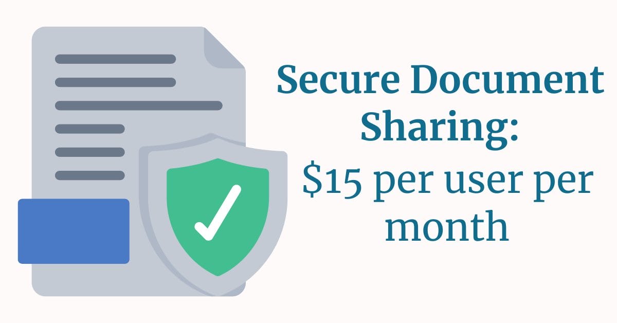 Paper document icon with shield and checkmark next to text “Secure Document Sharing: $15 per user per month,” representing the estimated monthly cost for secure file sharing under CMMC