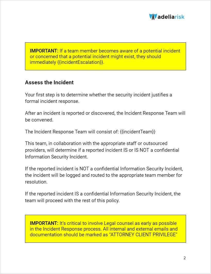 Incident response policy template with escalation, assessment steps, and legal counsel guidance