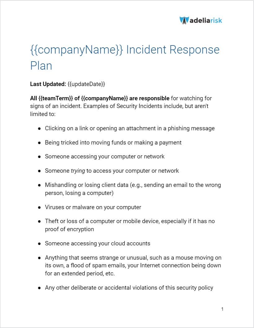 Adelia Risk customizable incident response policy template for cybersecurity compliance
