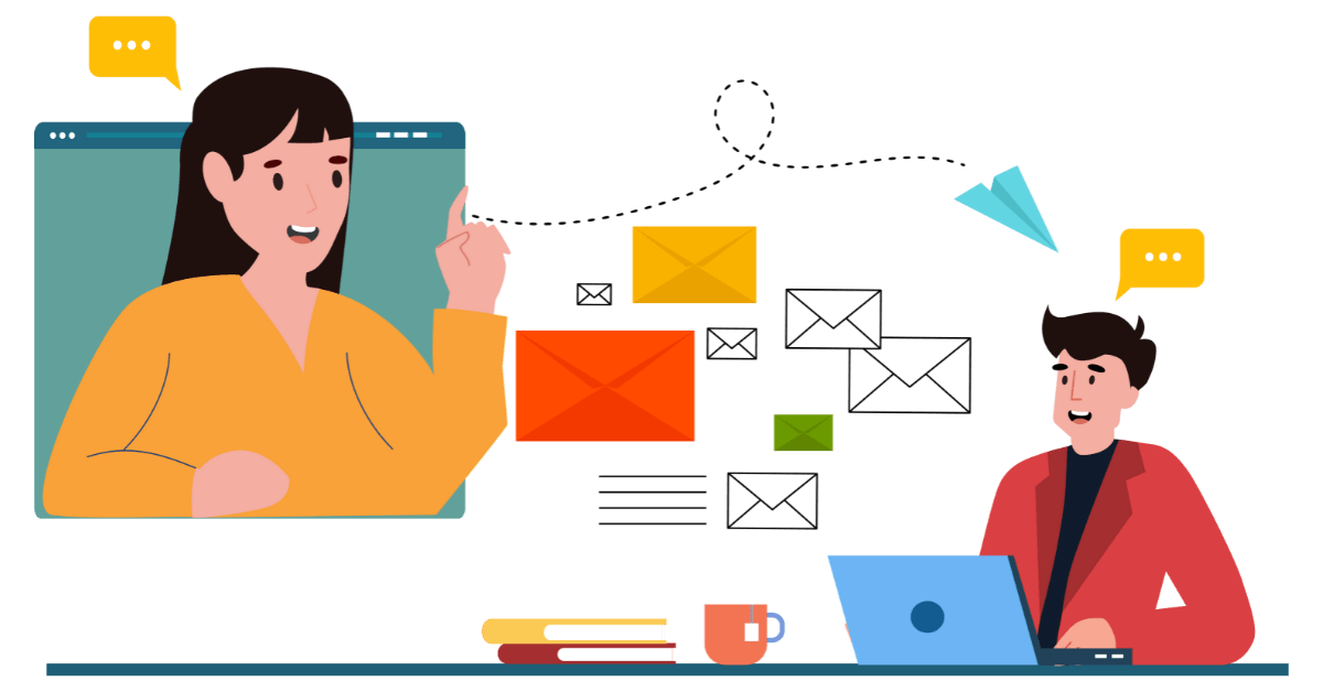 Illustration of two people communicating online with email icons, representing cybersecurity awareness and phishing risk.