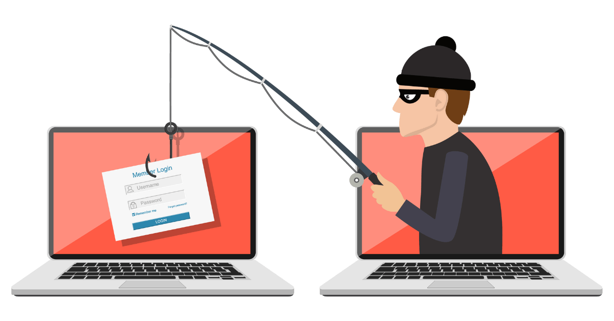 Illustration of a hacker using a phishing attack to steal login credentials from a computer.