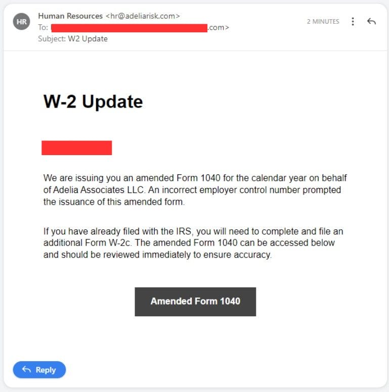 HR phishing email example spoofing W-2 update and IRS tax form