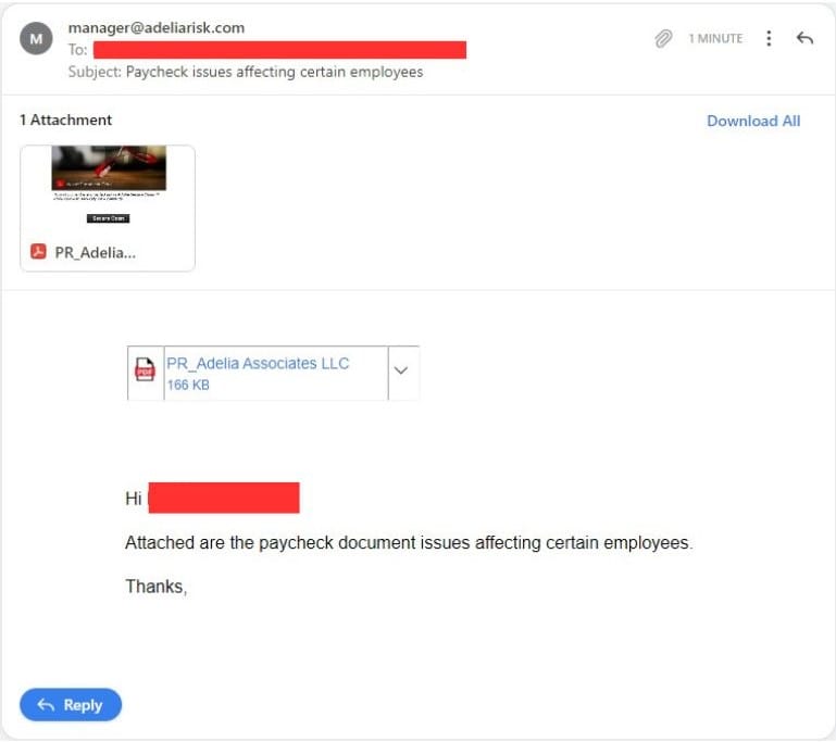 Phishing email impersonating HR about paycheck issues with malicious attachment