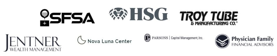 Logos of Adelia Risk’s clients: SFSA, HSG, Troy Tube & Manufacturing Co., Jentner Wealth Management, Nova Luna Center, Parsons Capital Management, and Physician Family Financial Advisors