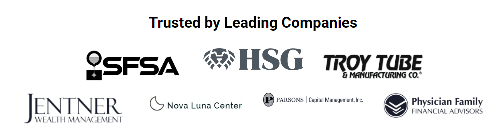 Logos of trusted clients including SFSA, HSG, Troy Tube & Manufacturing Co., Jentner Wealth Management, Nova Luna Center, Parsons Capital Management, and Physician Family Financial Advisors featured as proof of trust and reliability for Adelia Risk’s CMMC Level 2 System & Information Integrity guidance.