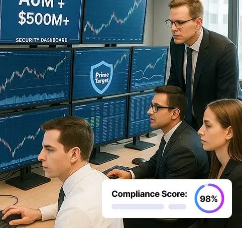 Team analyzing financial security dashboard showing assets under management (AUM), compliance metrics, and risk alerts