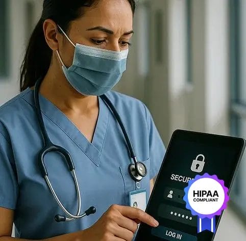 Healthcare worker in scrubs using a secure login on tablet to protect patient data and demonstrate HIPAA compliance