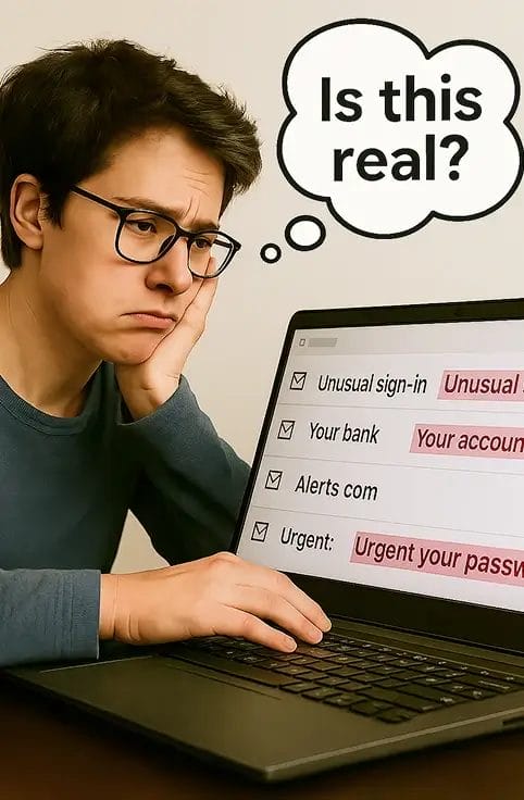 Man questioning if suspicious phishing emails about unusual sign-ins and urgent bank alerts are real.