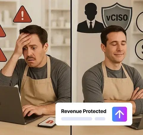 Small business owner stressed from cyber attack compared to relief after hiring virtual CISO for cybersecurity protection.