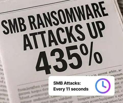 SMB ransomware attacks up 43% statistic highlighted in a newspaper-style graphic to underscore rising cloud security threat